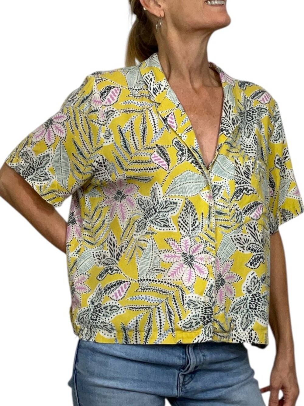 Marine Layer Lucy Resort Shirt L Bamboo Floral Yellow Boxy - Picture 2 of 15